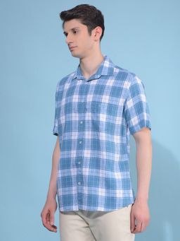 CRIMSOUNE CLUB - Men Blue Tartan Checks Linen Casual Shirt