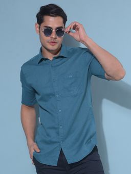 CRIMSOUNE CLUB - Men Teal Linen Casual Shirt