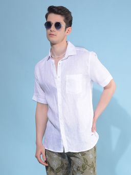 CRIMSOUNE CLUB - Men White Textured Linen Casual Shirt