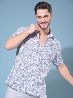 CRIMSOUNE CLUB - Men Blue Abstract Print Linen Resort Casual Shirt