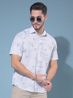 CRIMSOUNE CLUB - Men White Abstract Printed Cotton Resort Casual Shirt