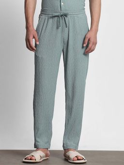 Mufti - Muted Sage Green Textured Casual Trouser
