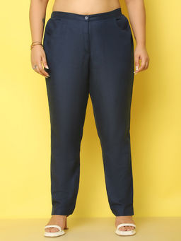 theRebelinme - Womens Navy Blue Solid Smart Tapered Fit Trouser