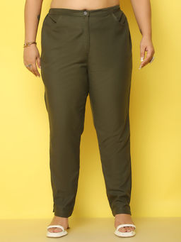 theRebelinme - Womens Olive Solid Smart Tapered Fit Trouser