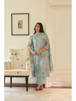 Vaayu - Blue Sky Floral Applique Kurta with Pant and Dupatta