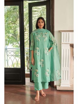 Vaayu - Green Mint Floral Kurta with Pant and Dupatta
