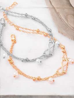 OOMPH - Gold And Silver Tone Multi Layer Pearls Fashion Anklets (Pack of 2)