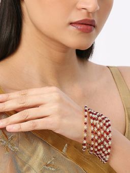 OOMPH - Gold Tone Bangles Maroon And White Crystal Beads (Pack of 8) (2.6)