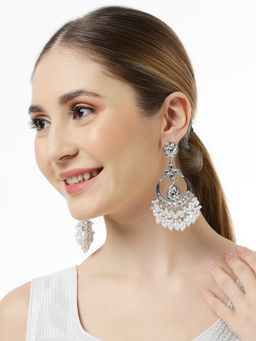 OOMPH - Silver And White Pearls Chandbali Earrings - Kundan Jadau In Floral Design