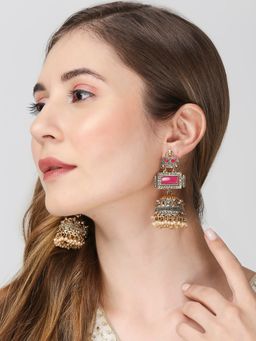 OOMPH - Rani Pink Jhumka Earrings - Matte Gold Finish