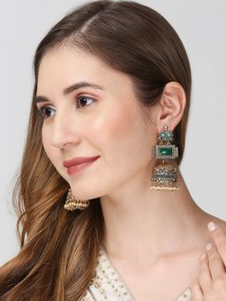 OOMPH - Green Jhumka Earrings - Matte Gold Statement Look