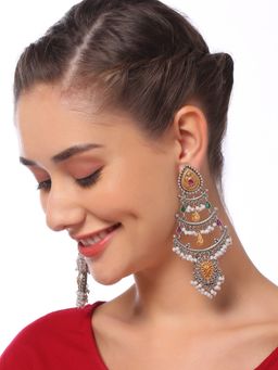 OOMPH - Oxidised Silver Long Ethnic Drop Chandbali Earrings - Gold Teardrop Accents