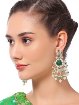 OOMPH - Green Engraved Jaipur Stones And Kundan Ethnic Drop Earrings - Floral Design