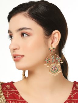 OOMPH - Matte Gold Jadau Ethnic Drop Earrings - Moti Manik Peacock Design