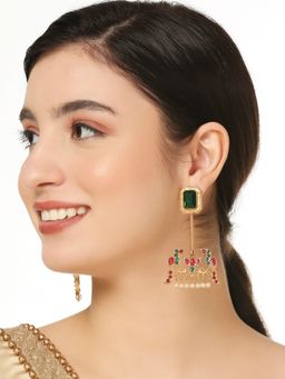 OOMPH - Green And Maroon Jadau Ethnic Drop Earrings - Peacock Design