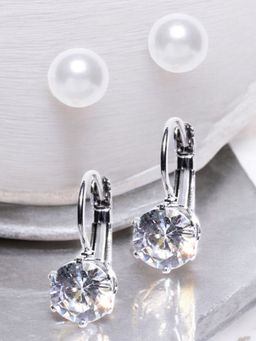 OOMPH - White Pearl And Silver Crown Cubic Zirconia Ear Stud And Drop Earrings (Pack of 2)