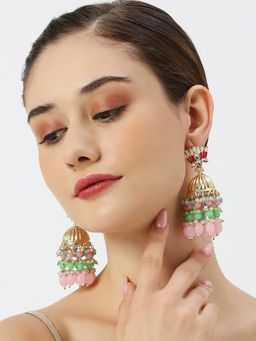 OOMPH - Pink And Mint Green Meenakari Jadau Jhumka Earrings