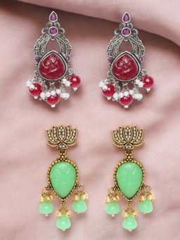 OOMPH - Oxidised Silver And Gold Maroon And Green Stones Ethnic Drop Earrings (Pack of 2)