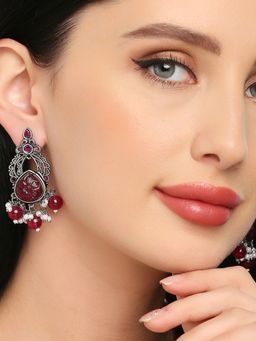 OOMPH - Oxidised Silver Maroon Red Stone With Beads Ethnic Drop Earrings