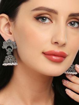 OOMPH - Oxidised Silver Green Stone With Beads Floral Ethnic Jhumka Earrings