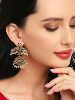 OOMPH - Antique Gold Tone Maroon Stones With Beads Ethnic Drop Earrings