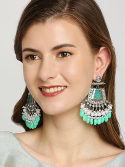 OOMPH - Oxidised Silver Tone Mint Green Engraved Jaipur Stones And Kundan Ethnic Earrings