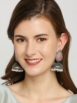 OOMPH - Oxidised Silver Coral Meenakari And Kundan Ethnic Large Jhumka Earrings