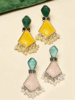 OOMPH - Yellow And Pink Ethnic Drop Earrings - Engraved Jaipur Stones (Pack of 2)