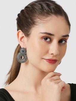 OOMPH - Oxidised Silver Ethnic Drop Earrings - Hand Made Hammered Look - Blue