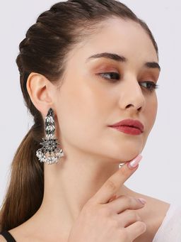 OOMPH - Oxidised Silver Ethnic Drop Earrings - Silver - Stones And Rice Pearls Studded