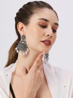 OOMPH - Oxidised Silver Ethnic Drop Earrings - Silver Large Design With Kundan And Pearls