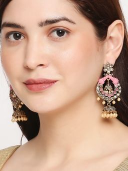 OOMPH - Pink Meenakari Peacock Design Kundan Jhumka Earrings