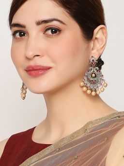 OOMPH - Red Kemp Stone And Pearls Peacock Design Large Earrings