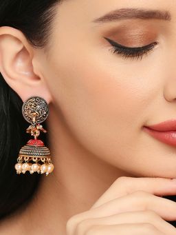 OOMPH - Red Meenakari Enamel Peacock Pearls Jhumka Earrings