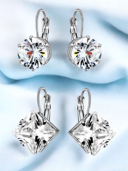 OOMPH Silver Tone Round And Square Solitaire Cubic Zirconia Drop Earrings (Pack of 2)