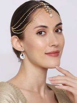 OOMPH - Gold Tone Kundan Sheeshphool Set Matha Patti With Drop Earrings