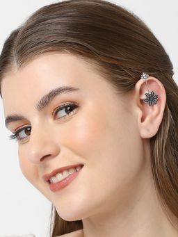 OOMPH - Oxidised Silver Floral Ethnic Ear Cuff Earrings