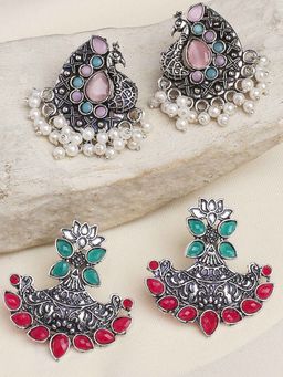 OOMPH - Oxidised Silver Ethnic Drop Earrings Green Pink Stones Lotus Shape (Pack of 2)