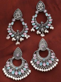 OOMPH - Silver Oxidised Chandbali Earrings - Pink And Ferozi Blue Peacock Shape (Pack of 2)