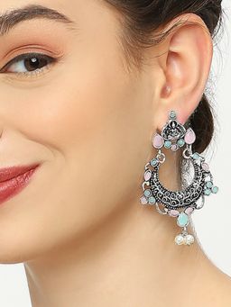 OOMPH - Oxidised Silver Earrings - Green And Pink Stones - Laxmi Floral Shape