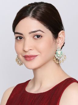 OOMPH - Green Meenakari Enamel With Kundan Pearls Geometric Design Ethnic Drop Earrings