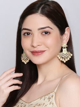 OOMPH - Green And Gold Meenakari Enamel With Kundan And Pearls Geometric Design Drop Earrings