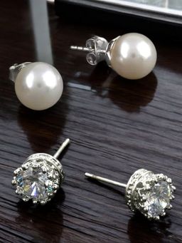 OOMPH - Silver Round Crown Cubic Zirconia And White Pearl Ear Stud Earrings (Pack of 2)