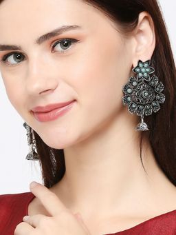 OOMPH - Oxidised Silver Tone Mint Green Stones And Pearls Floral Drop Earrings