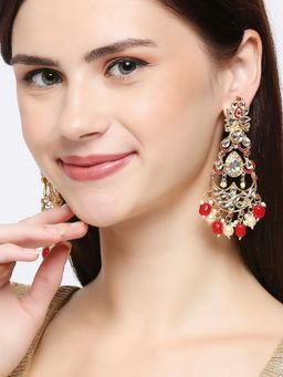 OOMPH - Red Meenakari And Kundan Pearls Long Ethnic Floral Drop Earrings