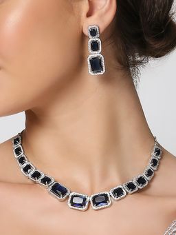 OOMPH - Deep Blue American Diamond Rectangle Drop Necklace Set With Drop Earrings