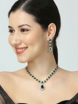 OOMPH - Green American Diamond Pendant Necklace Set - Teardrop Statement Design
