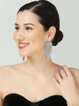 OOMPH - White Crystal Long Drop Heart Design Earrings