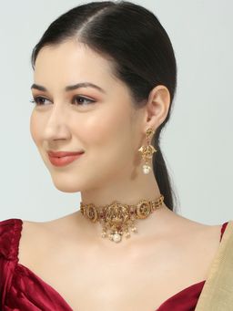 OOMPH - Gold Goddess Laxmi Choker Necklace Set - Temple Theme