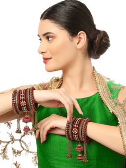 OOMPH - Maroon Bridal Chuda Bangles Velvet Thread And Kundan (Pack of 10) (2.6)